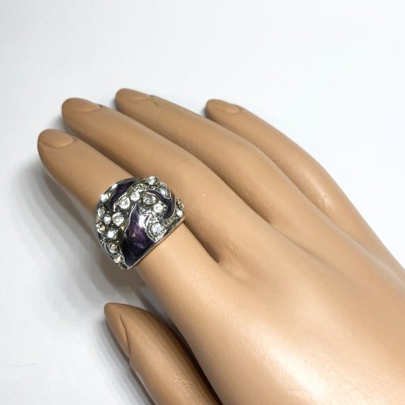 Vintage Purple Enamel Cocktail Ring Silver Plated Crystal Rhinestone Size 6 Boho - Picture 4 of 12